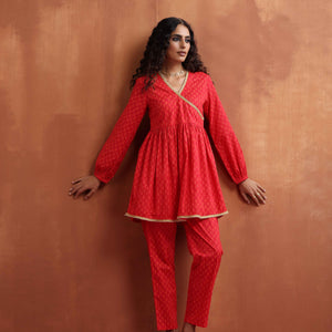 trueBrowns Red Print Angrakha Co-ord Set