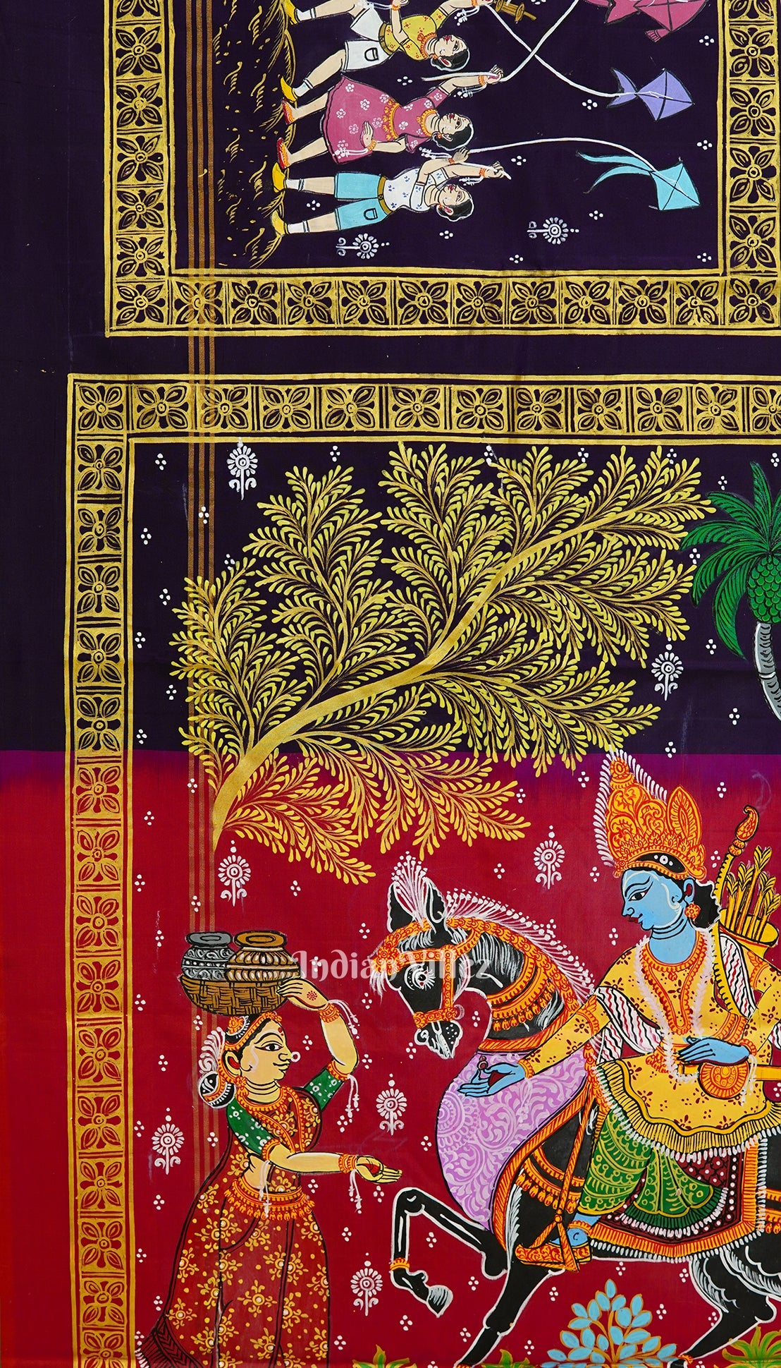 Blackberry Hindu Festival Hand-Painted Pattachitra Saree