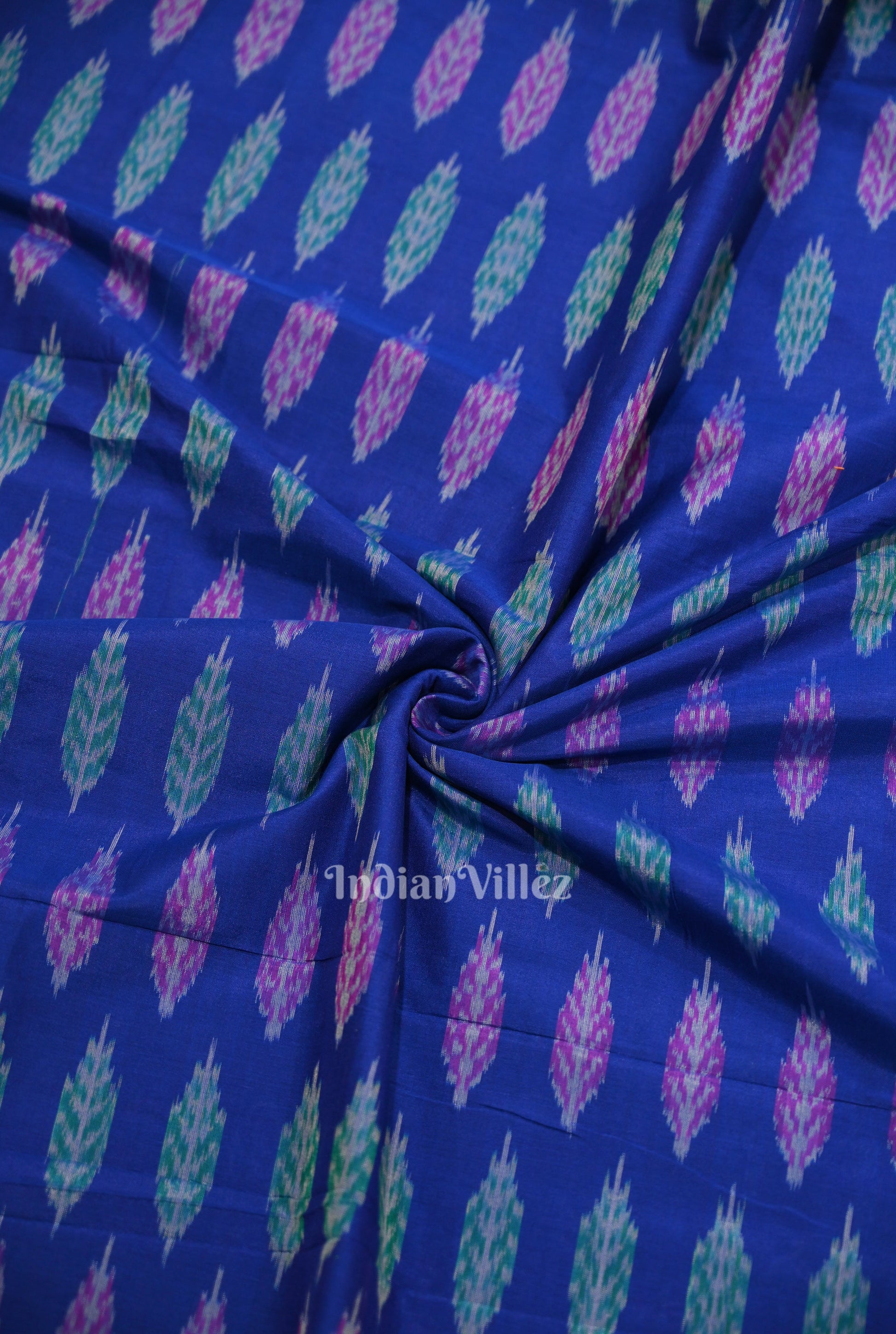 Blue Leaf Motif Pochampally Ikat Silk & Cotton (Sico) Fabric