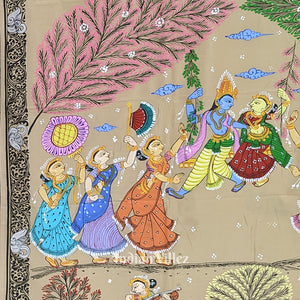 Honey Gold Krishna Rasleela Hand-Painted Pattachitra Saree