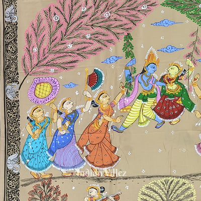 Honey Gold Krishna Rasleela Hand-Painted Pattachitra Saree