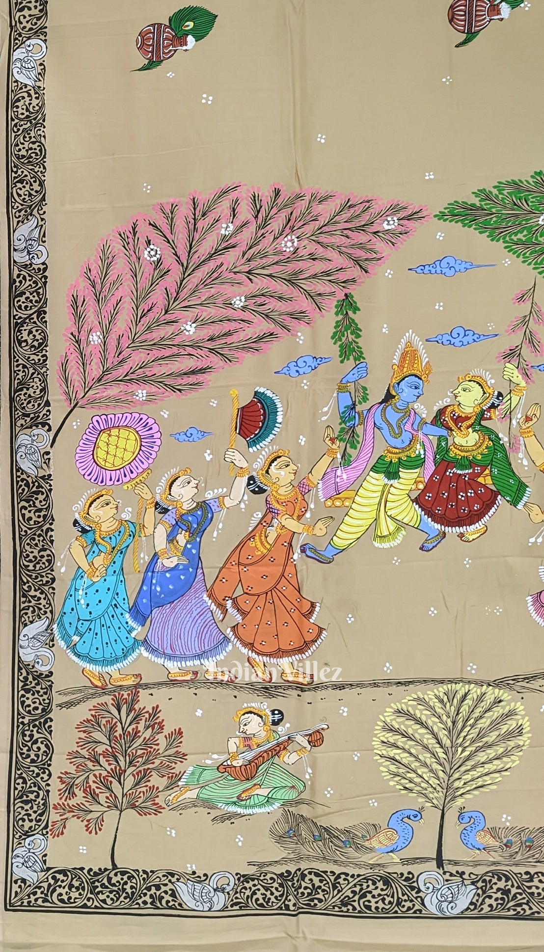 Honey Gold Krishna Rasleela Hand-Painted Pattachitra Saree