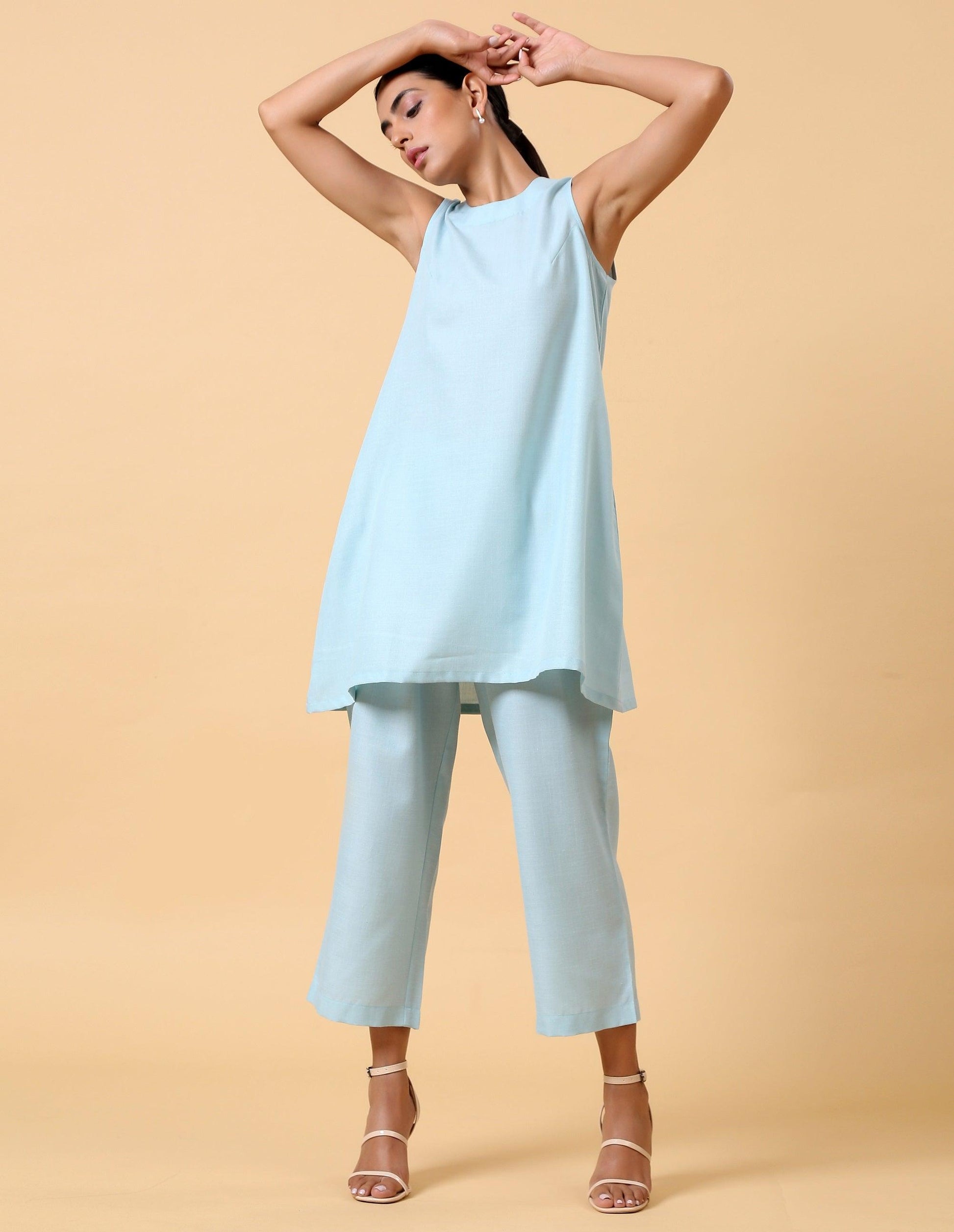 Cotton Linen Light Blue Sleeveless Co-Ord Set | Relove