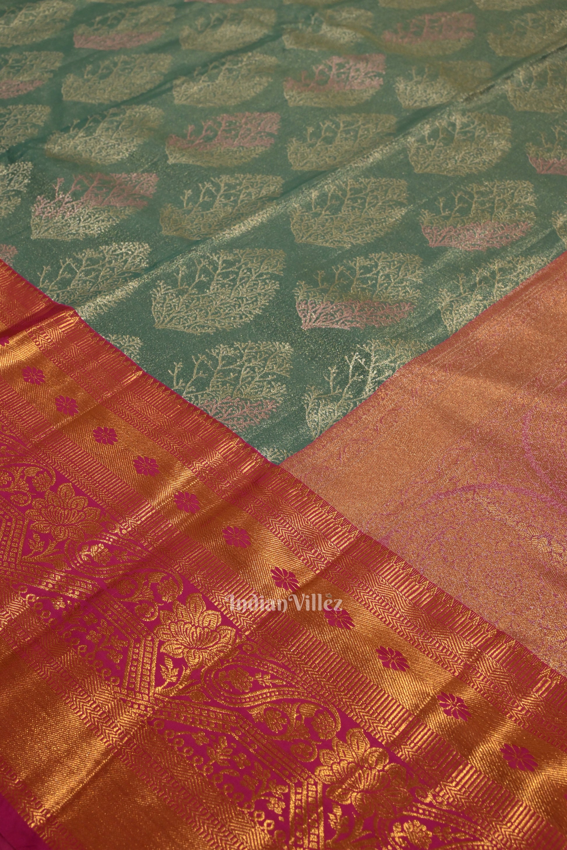 Mint Green With Pink Pure Kanjivaram Tissue Silk Saree