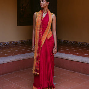 Red Handloom Bhujodi Cotton Saree With Bhujodi/kutch style buttis