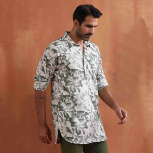 trueBrowns Men's Off White Printed Short Kurta