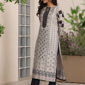Grey Printed Silk Blend Straight Suit With Dupatta
