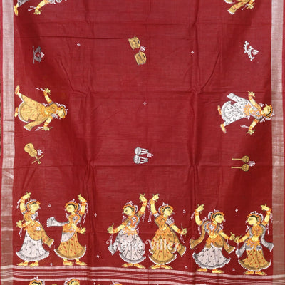 Maroon Nartaki Theme Hand-Painted Pattachitra Saree