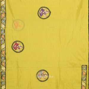 Lemon Yellow Radha Krishna Boita Theme Hand- Painted Pattachitra Saree