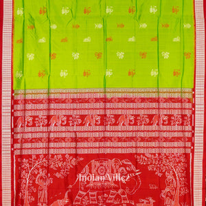 Red Green Welcome Design Bomkai Sambalpuri Silk Saree