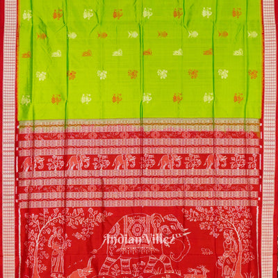 Red Green Welcome Design Bomkai Sambalpuri Silk Saree