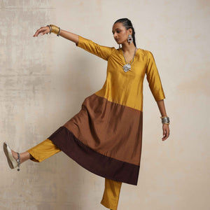 trueBrowns Gold Brown Silk A-line Kurta Set