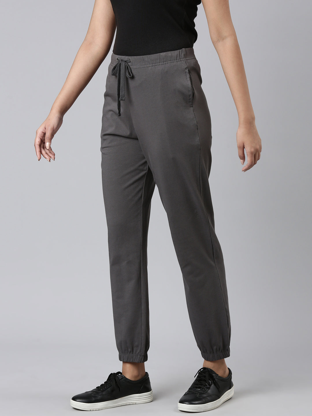 Women Solid Silver Grey Mid Rise Cotton Casual Joggers