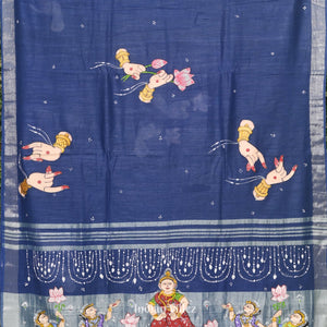 Sky Blue Mudra Theme Hand-Painted Pattachitra Saree