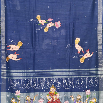 Sky Blue Mudra Theme Hand-Painted Pattachitra Saree