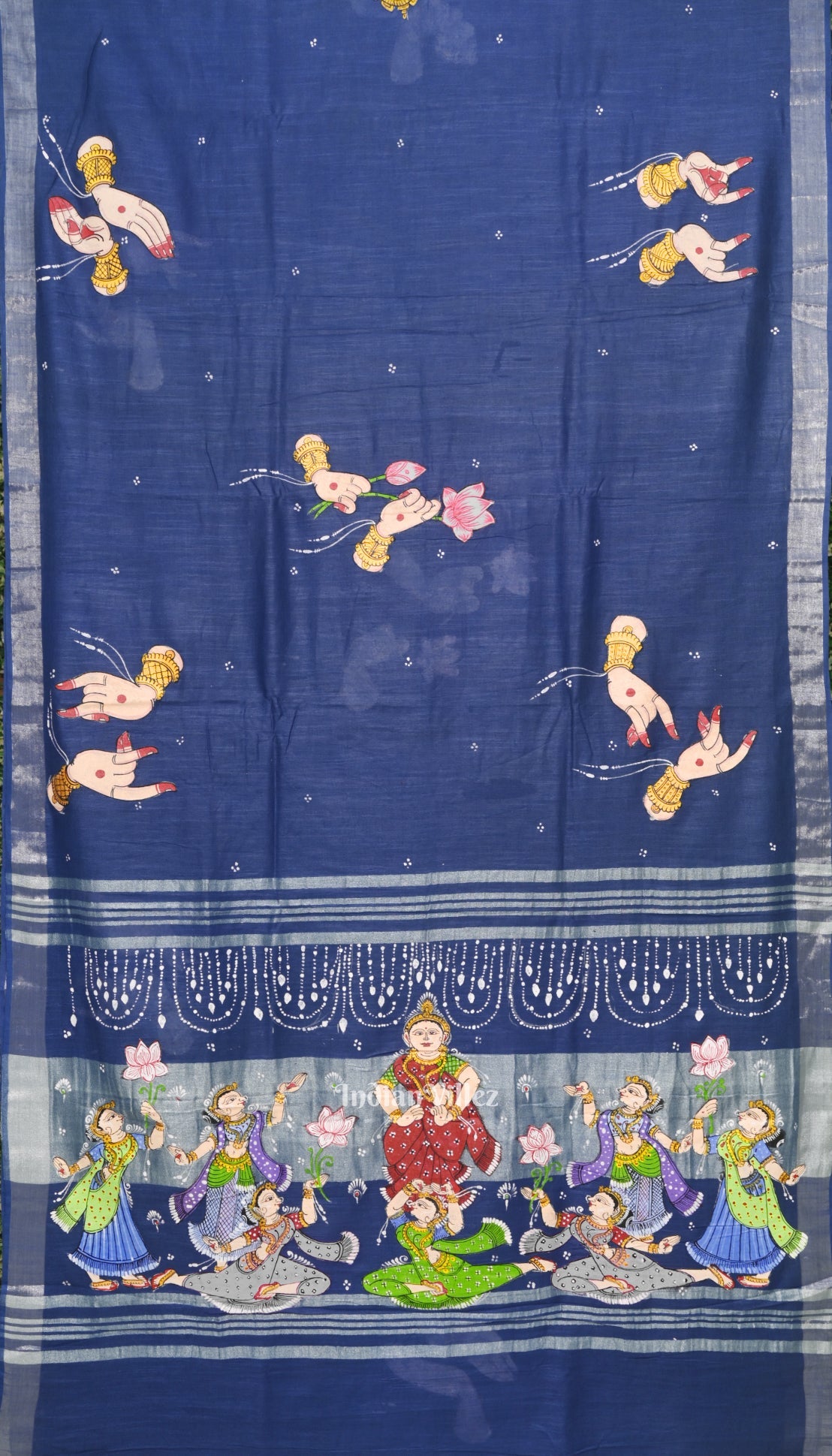 Sky Blue Mudra Theme Hand-Painted Pattachitra Saree