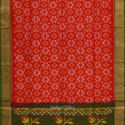 Red Green Pochampally Ikat Sico (Silk & Cotton) Saree with Zari Border
