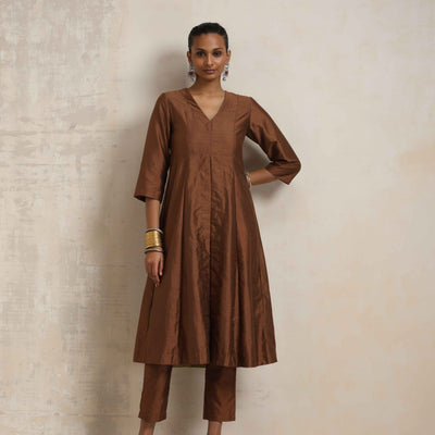 trueBrowns Brown Silk Slit Kurta Set