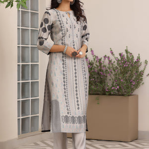 Grey Printed Silk Blend Straight Suit With Dupatta