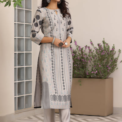 Grey Printed Silk Blend Straight Suit With Dupatta