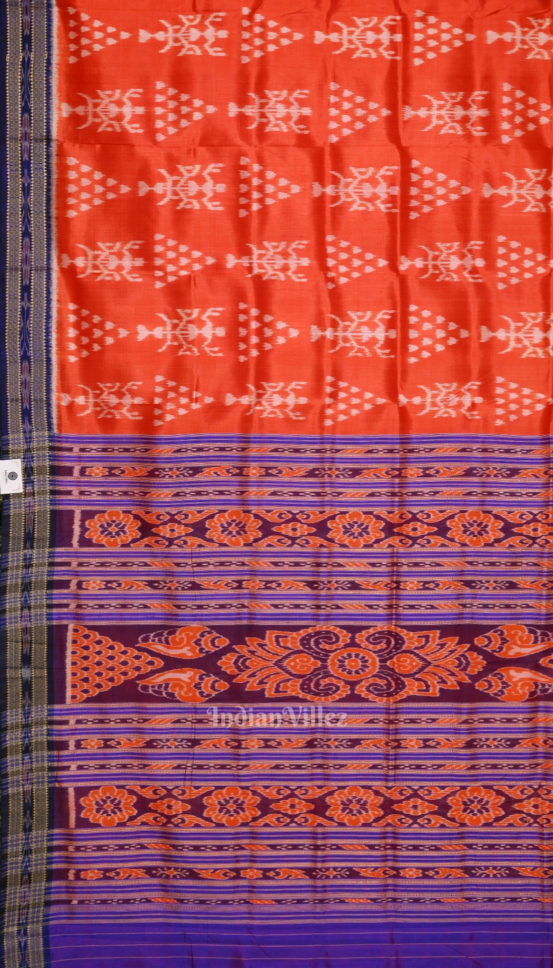 Orange with Royal Blue Tribal Theme Khandua Silk Saree