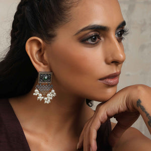 trueBrowns Silver Gold Tone Floral Silver Jaal Dangle Earrings