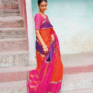 Orange Handloom Kanchipuram Silk Saree With Zari Checks-Orange