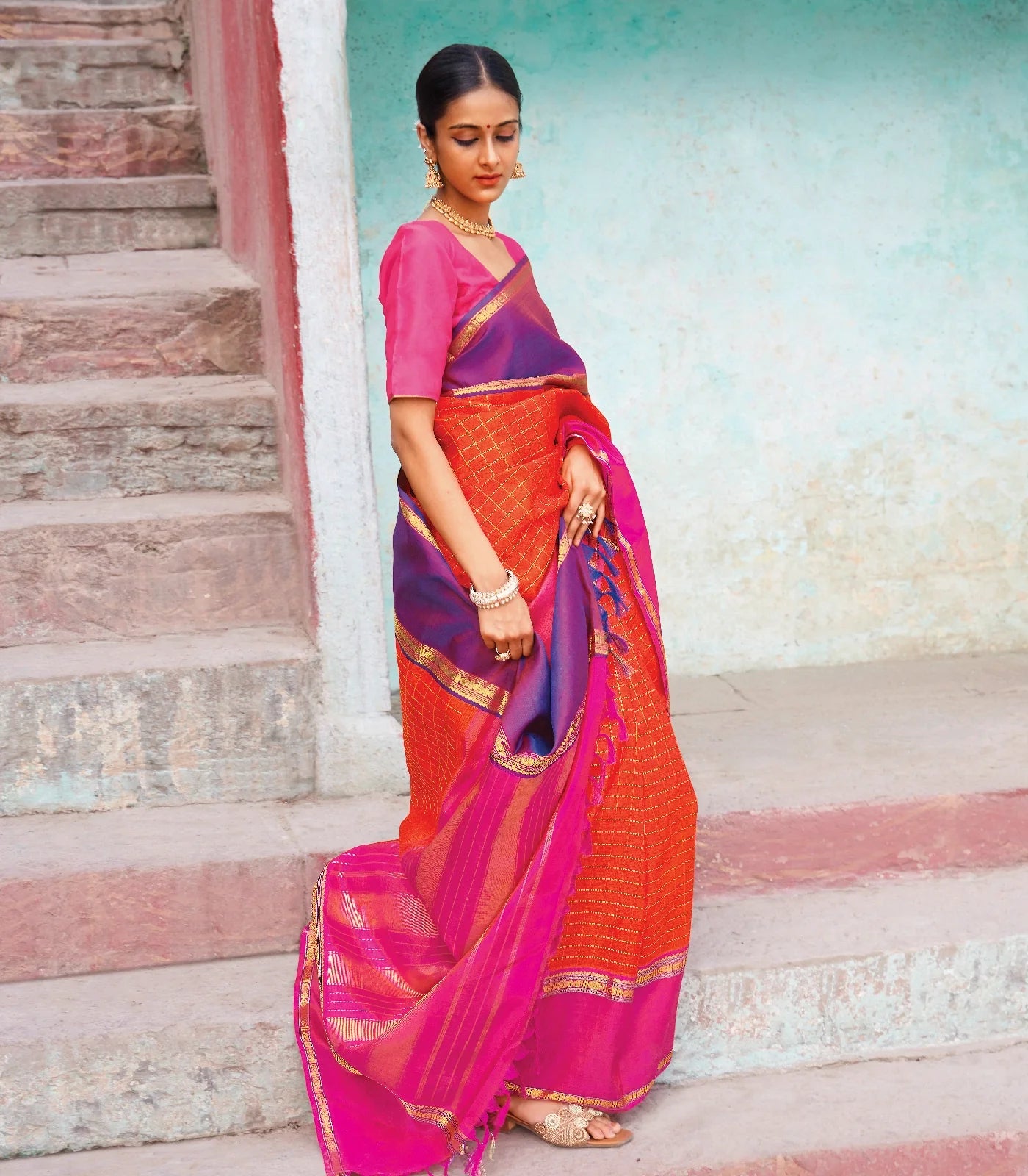 Orange Handloom Kanchipuram Silk Saree With Zari Checks-Orange