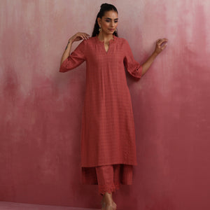 trueBrowns Peach High low Cotton Dobby Kurta Set