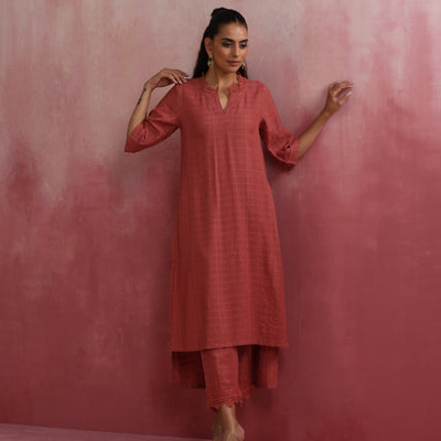 trueBrowns Peach High low Cotton Dobby Kurta Set