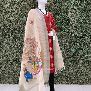 Cream Light Blue Radha Krishna Hand-Painted Tussar Pattachitra Dupatta