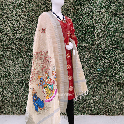 Cream Light Blue Radha Krishna Hand-Painted Tussar Pattachitra Dupatta