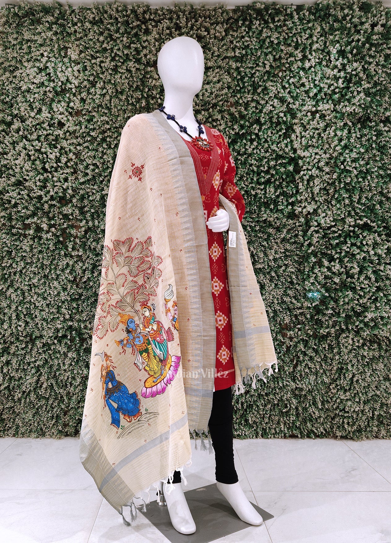Cream Light Blue Radha Krishna Hand-Painted Tussar Pattachitra Dupatta