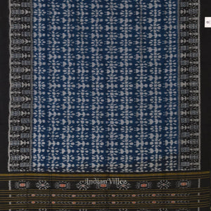 Ink Blue Black Tribal Theme Sambalpuri Pure Cotton Saree