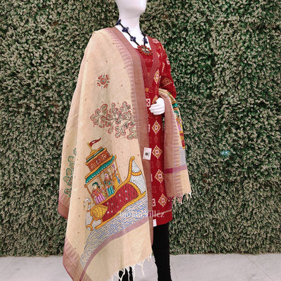 Cream Boita Bandana Tussar Pattachitra Dupatta