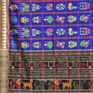 Blue Nabakothi  Odisha Ikat Khandua Silk Saree with Jungle Theme Pallu