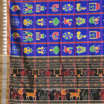 Blue Nabakothi  Odisha Ikat Khandua Silk Saree with Jungle Theme Pallu