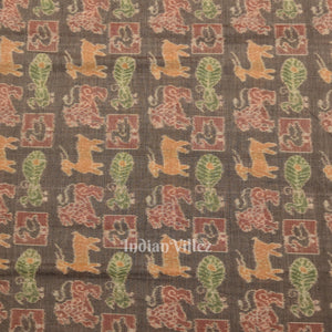 Cement Gray Jungle Theme Sambalpuri Odisha Ikat Cotton Fabric