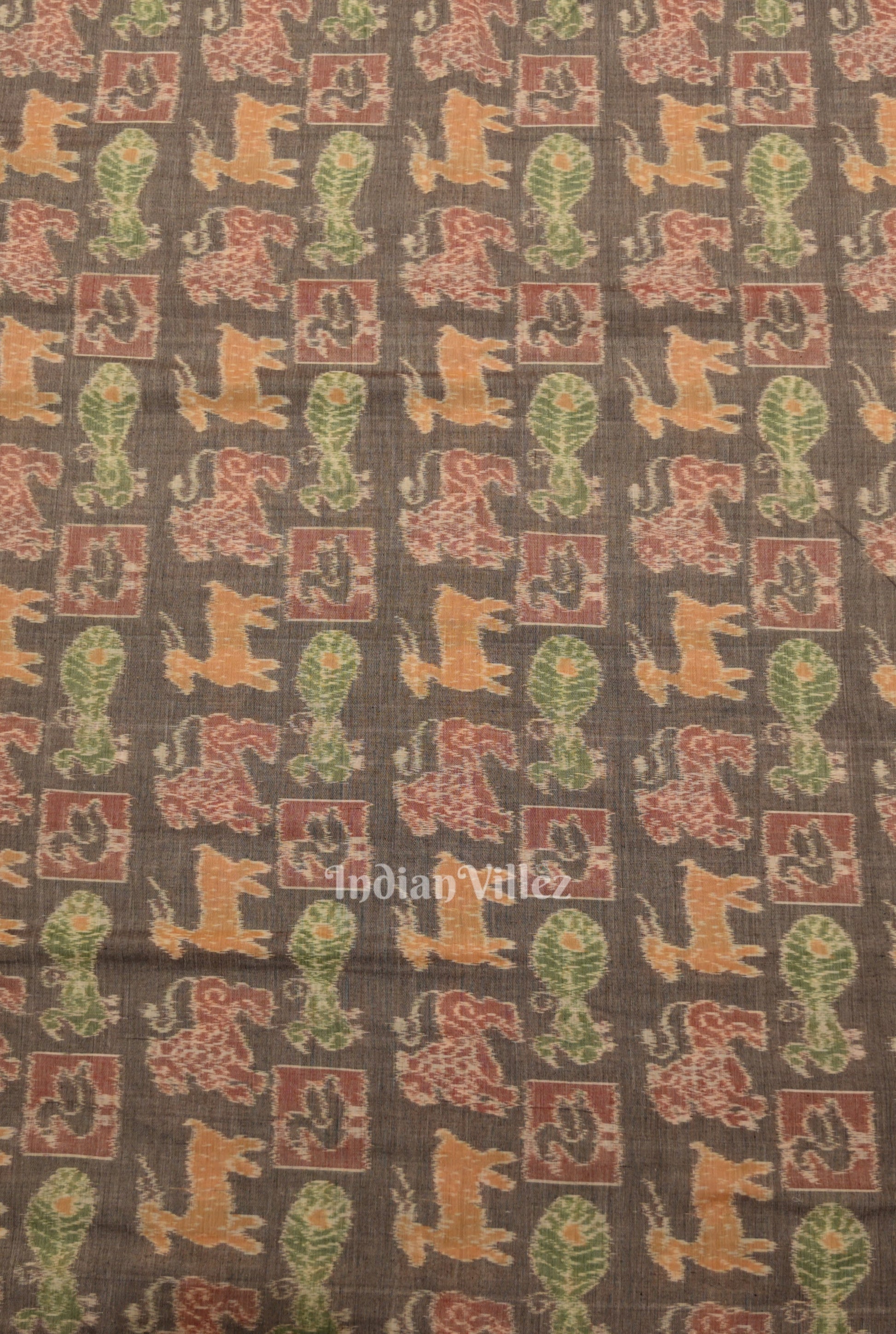 Cement Gray Jungle Theme Sambalpuri Odisha Ikat Cotton Fabric