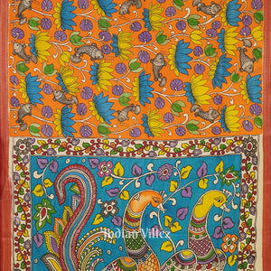 Orange Lotus Fish Hand-Painted Natural Dye Cotton Kalamkari Saree
