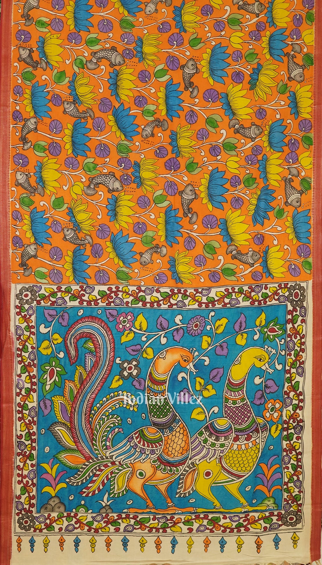 Orange Lotus Fish Hand-Painted Natural Dye Cotton Kalamkari Saree