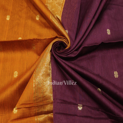Purple Wine with Mustard Yellow Leaf Motif Pure Silk Cotton Maheshwari Saree