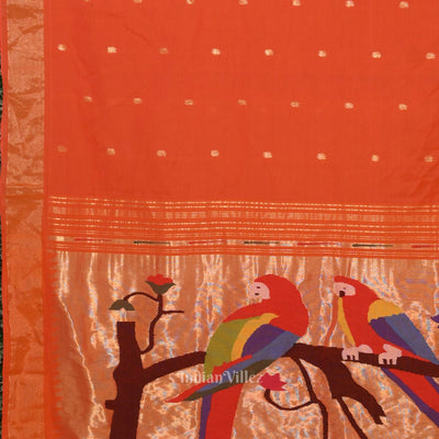 Orange Butta Design Cotton Paithani Saree