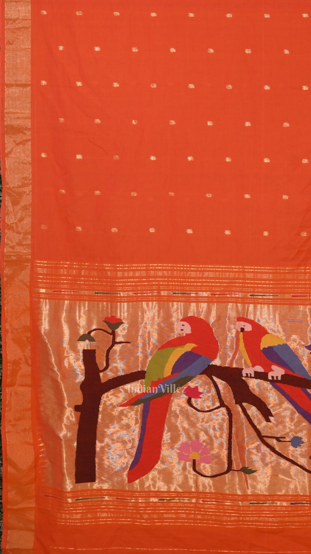 Orange Butta Design Cotton Paithani Saree