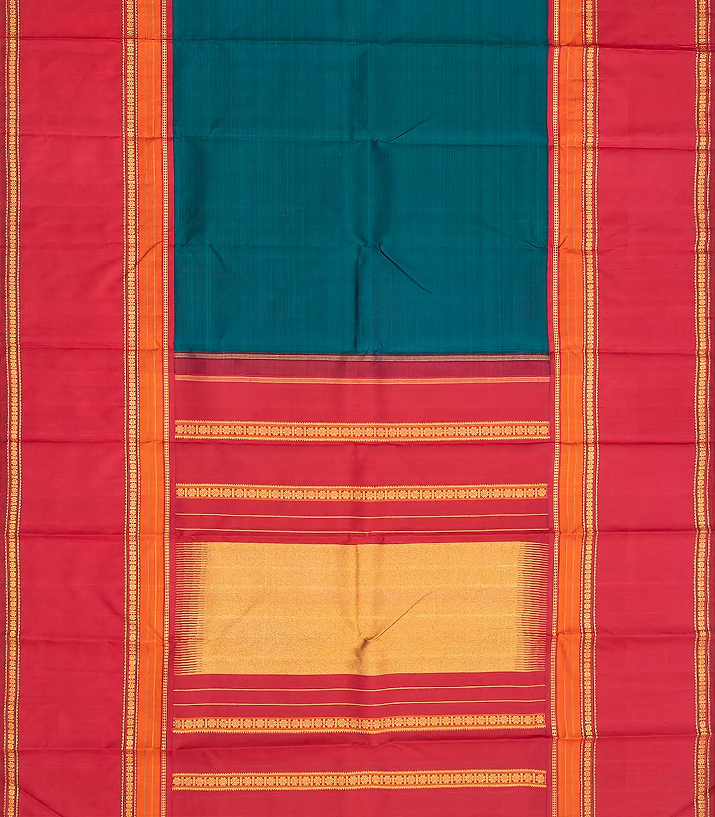 Viridian Handloom Korvai Silk Saree With Contrast Crimson Border