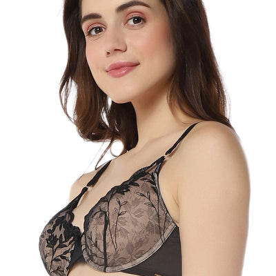 Sheer Luxe Padded Wired Demi Bra - Black & Stucco