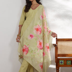 Green Embroidered Cotton Straight Suit With Dupatta
