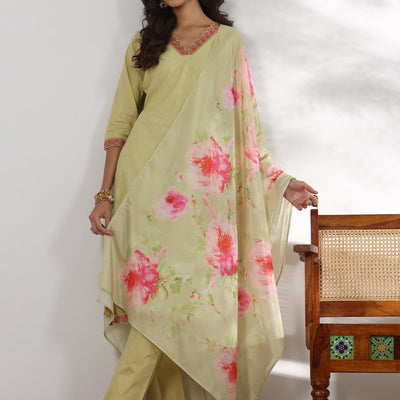 Green Embroidered Cotton Straight Suit With Dupatta