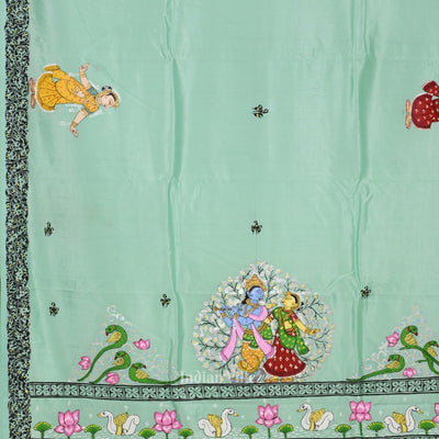 Light Blue Radha Krishna Theme Hand-Painted Pattachitra Saree