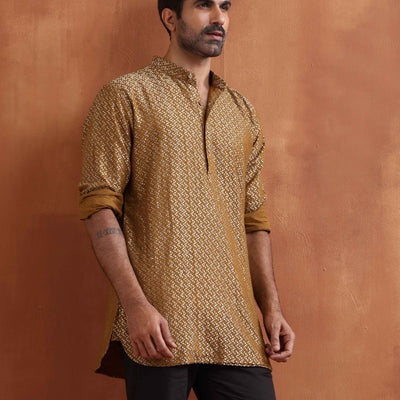 trueBrowns Men's Mustard Cotton Dobby Short Kurta